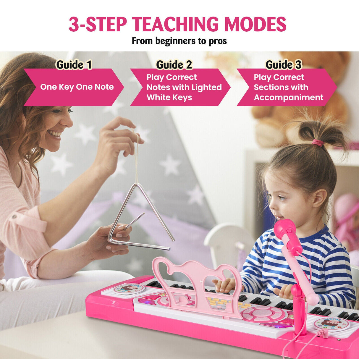 Teclado de piano de 49 teclas para niños de 3+ años - Rosa