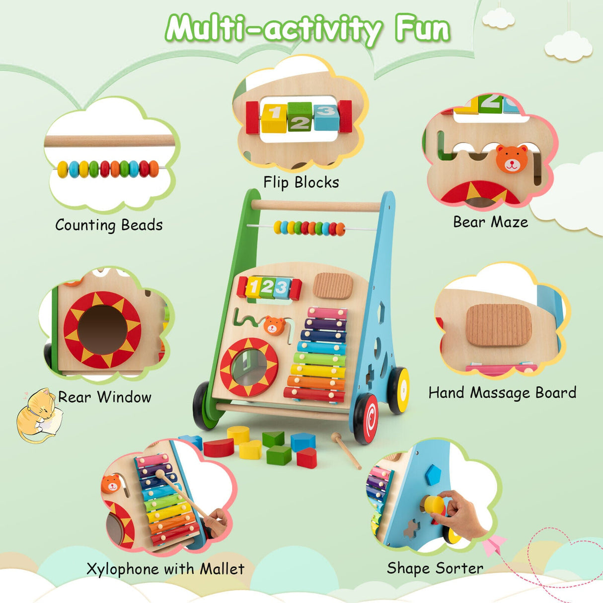 Toddler Push Walker Activity Center Toy with Burr-free Handle
