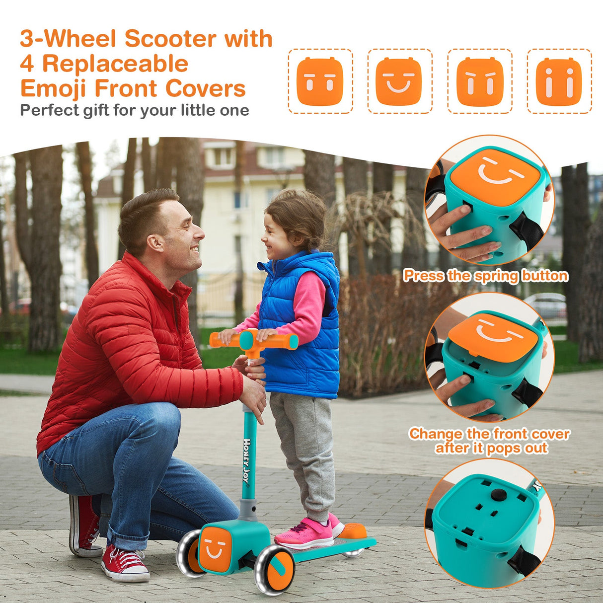 Patinete de juguete para niños, plegable y ajustable, con ruedas LED que se iluminan, bocina y 4 fundas de emojis