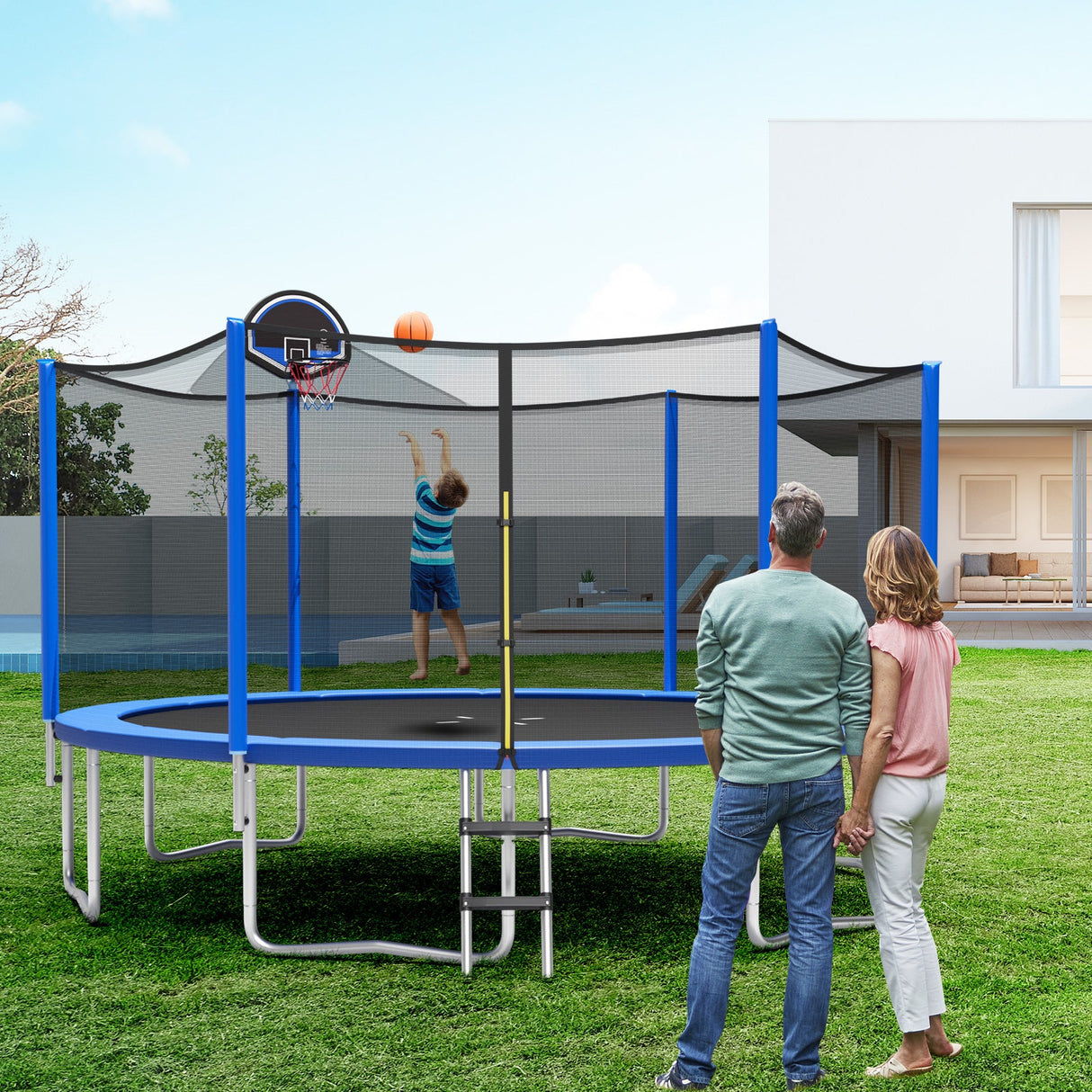 Trampolín Recreativo Exterior de 12/14/15/16 Pies con Red de Seguridad - 14 pies