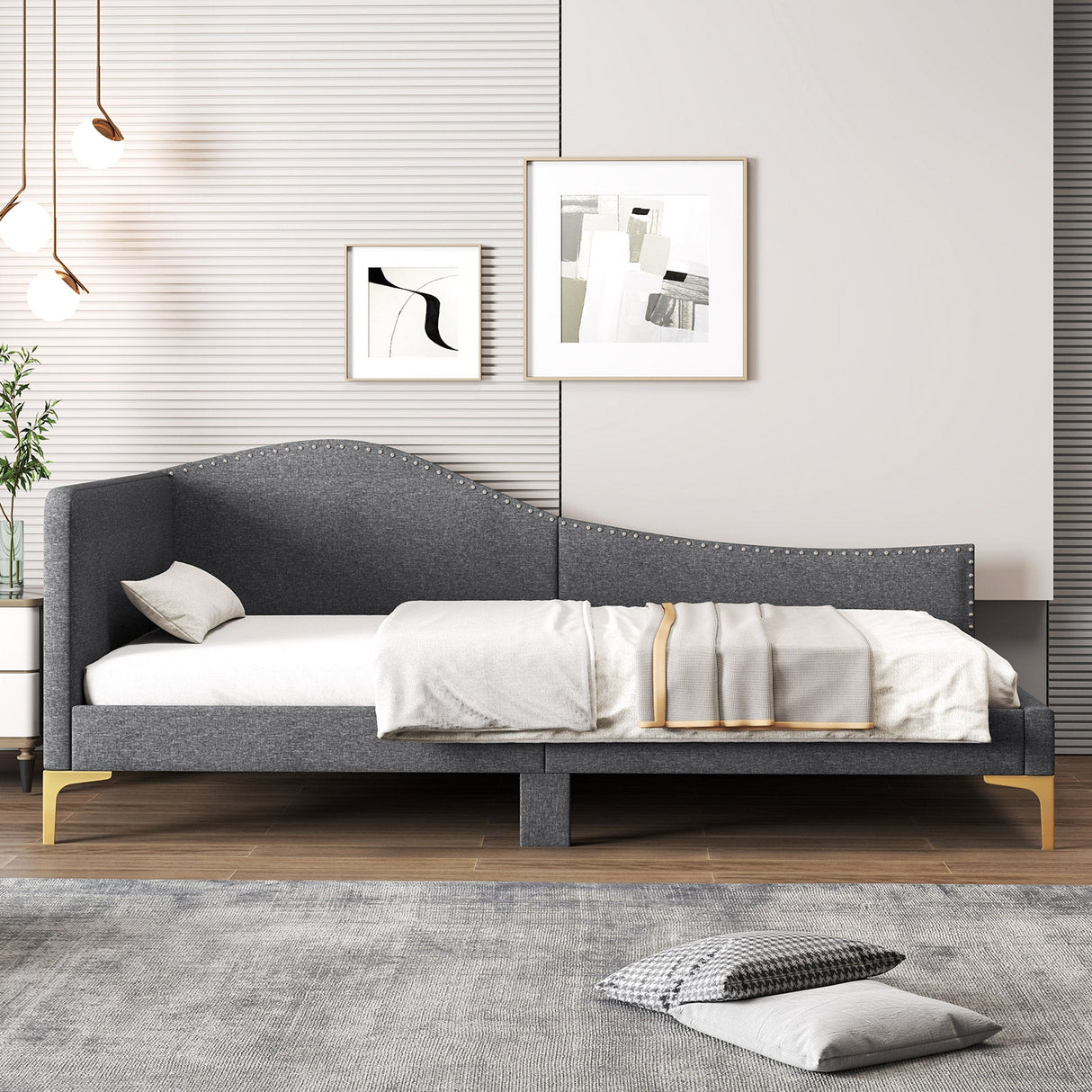 Cama Plataforma Rivet-Tufted de Tamaño Matrimonial/Individual con Patas de Metal y Lamas de Madera