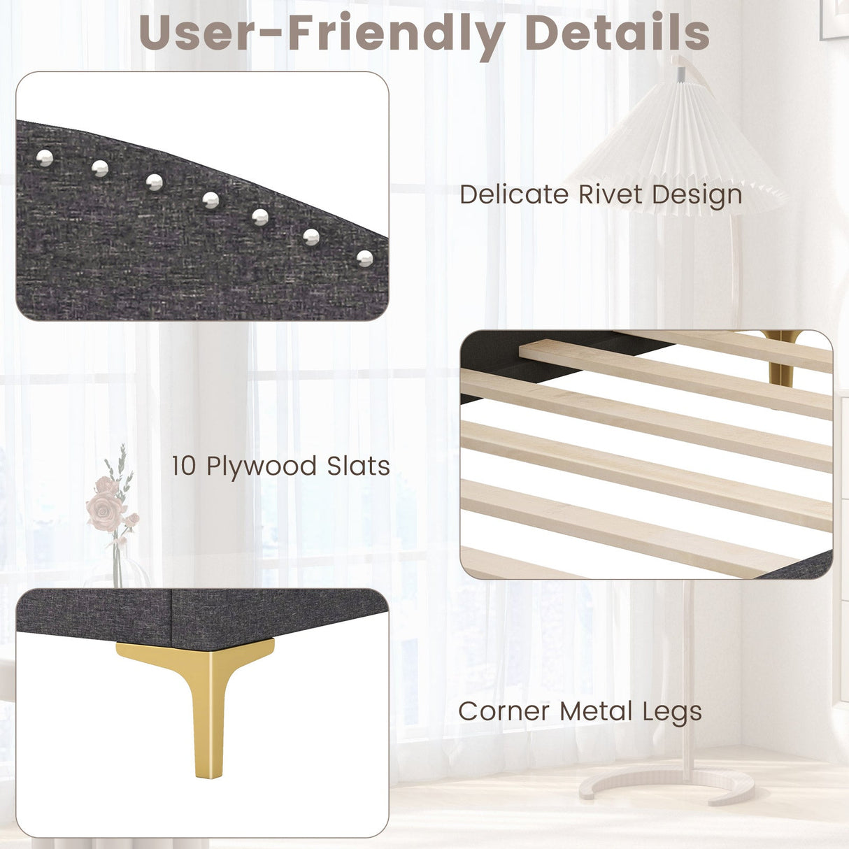 Cama Plataforma Rivet-Tufted de Tamaño Matrimonial/Individual con Patas de Metal y Lamas de Madera