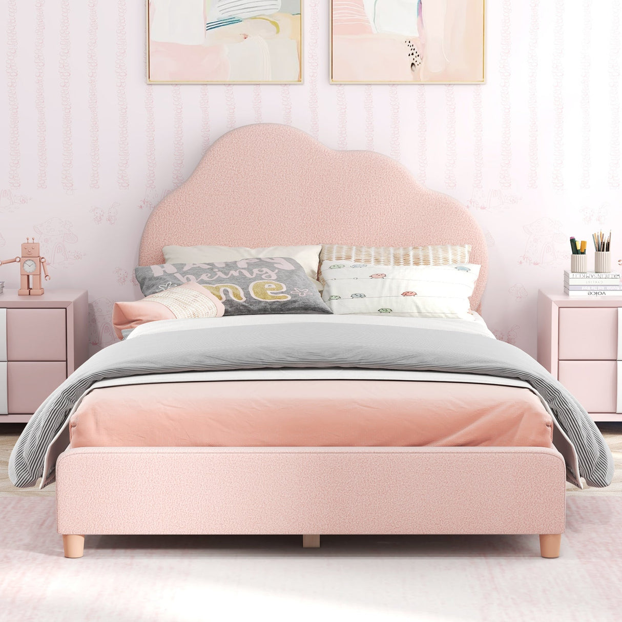 Estructura de Cama Individual con Cabecero Ajustable en Altura y Resistentes Láminas de Madera