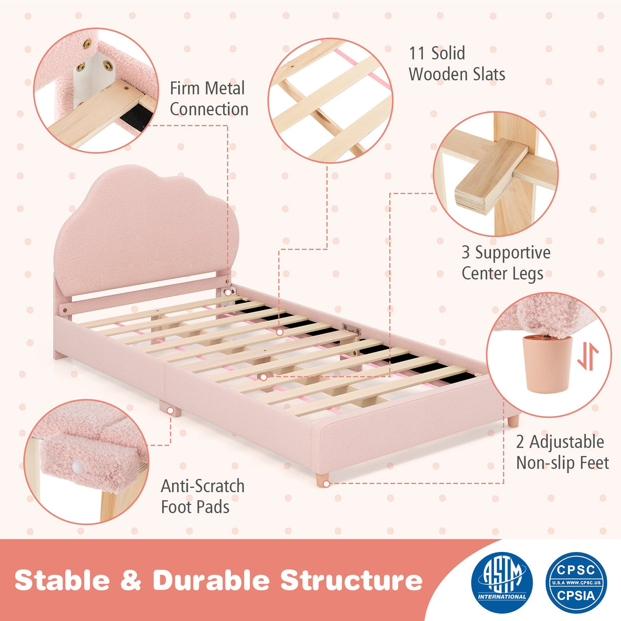 Estructura de Cama Individual con Cabecero Ajustable en Altura y Resistentes Láminas de Madera