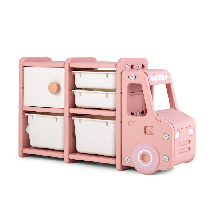 Paquete de habitación infantil: Estructura de cama + Juego de mesa y sillas infantiles + Organizador de almacenamiento de camión para niños pequeños + Tocador infantil