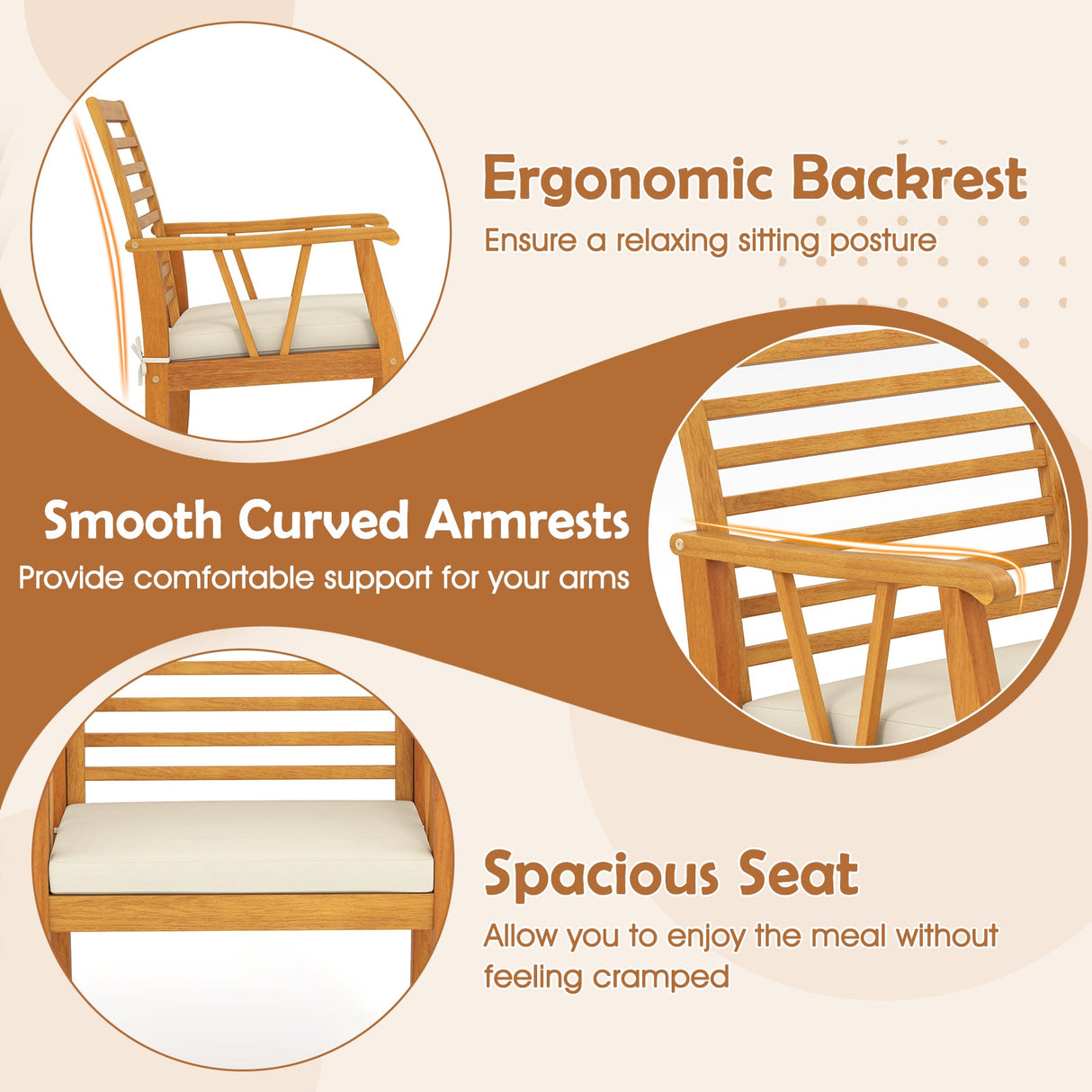 Juego de comedor de patio de 7 piezas de madera de acacia con agujero para sombrilla de 5 cm y cojines acolchados