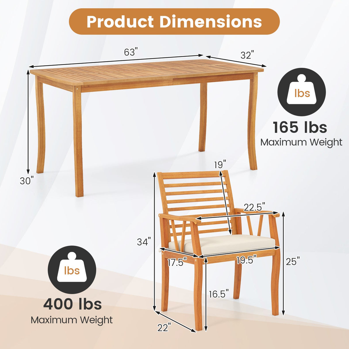 Juego de comedor de patio de 7 piezas de madera de acacia con agujero para sombrilla de 5 cm y cojines acolchados