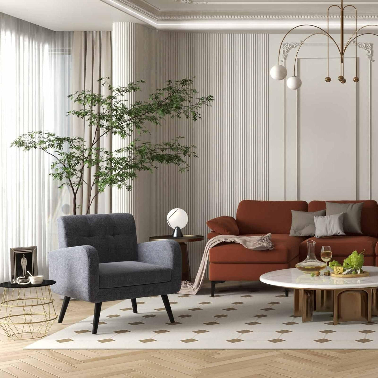 Sillón decorativo + Mesa auxiliar + Sofá seccional en forma de L /Juego de muebles modernos de 3 piezas para sala de estar/