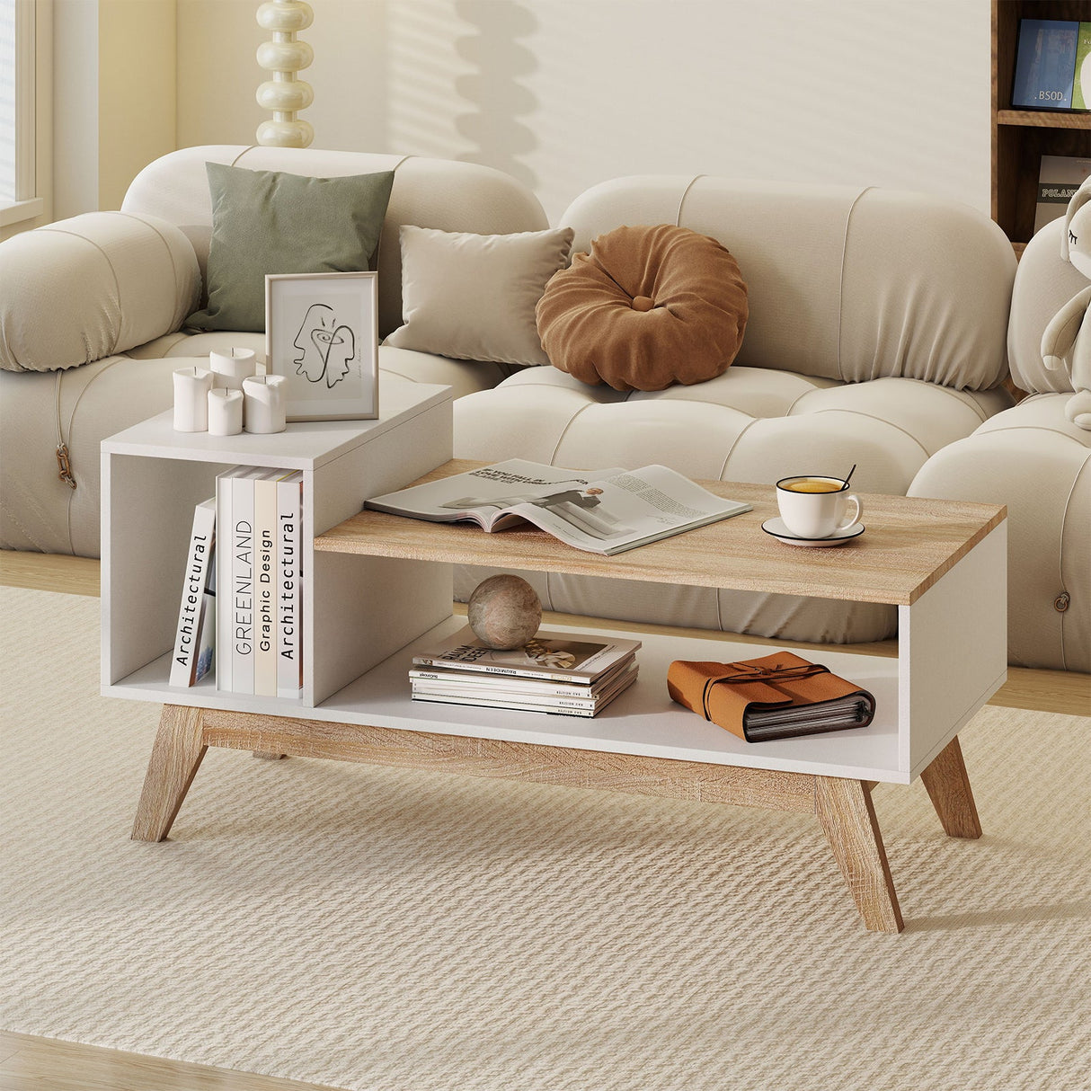 Mesa de centro de 43 pulgadas con tablero escalonado y compartimentos de almacenamiento - Blanco