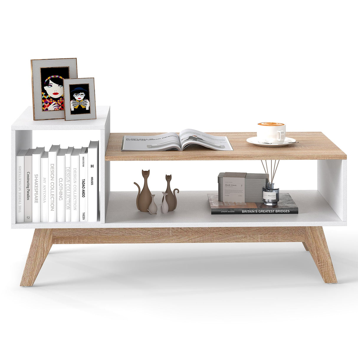 Mesa de centro de 43 pulgadas con tablero escalonado y compartimentos de almacenamiento - Blanco