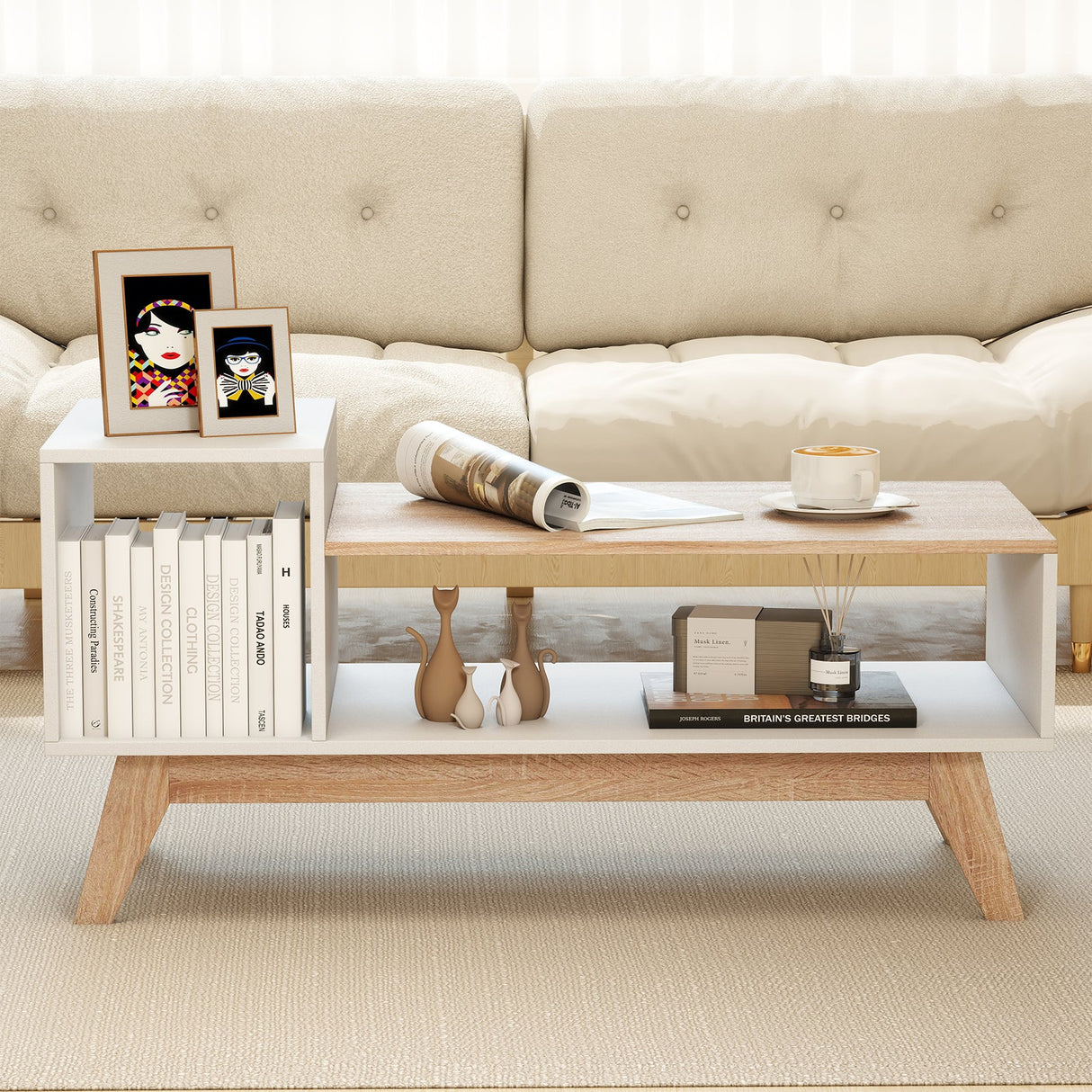 Mesa de centro de 43 pulgadas con tablero escalonado y compartimentos de almacenamiento - Blanco