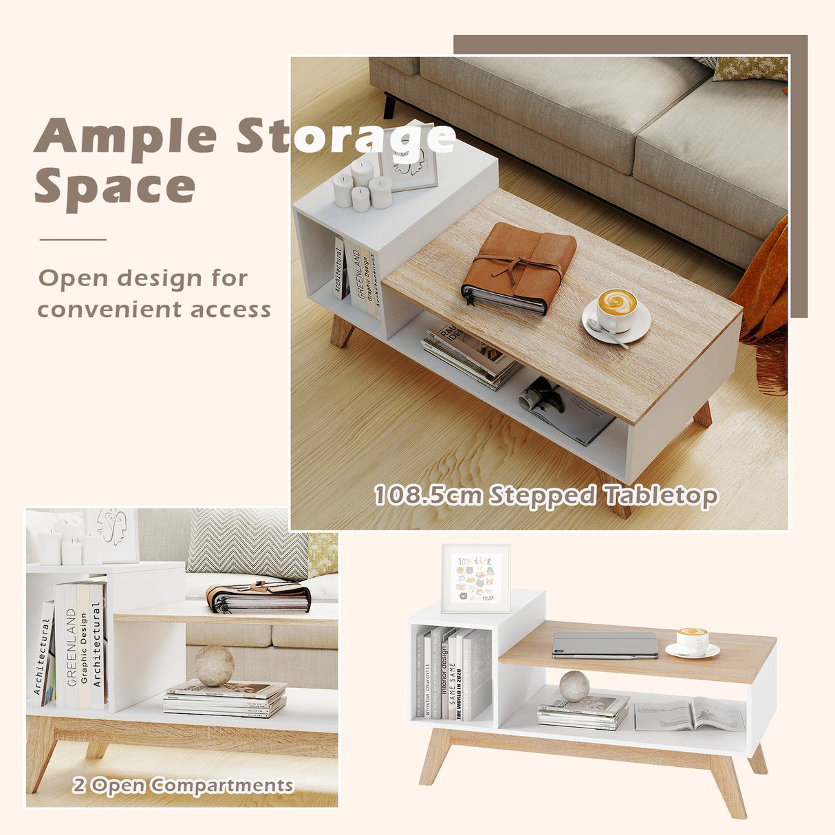 Mesa de centro de 43 pulgadas con tablero escalonado y compartimentos de almacenamiento - Blanco