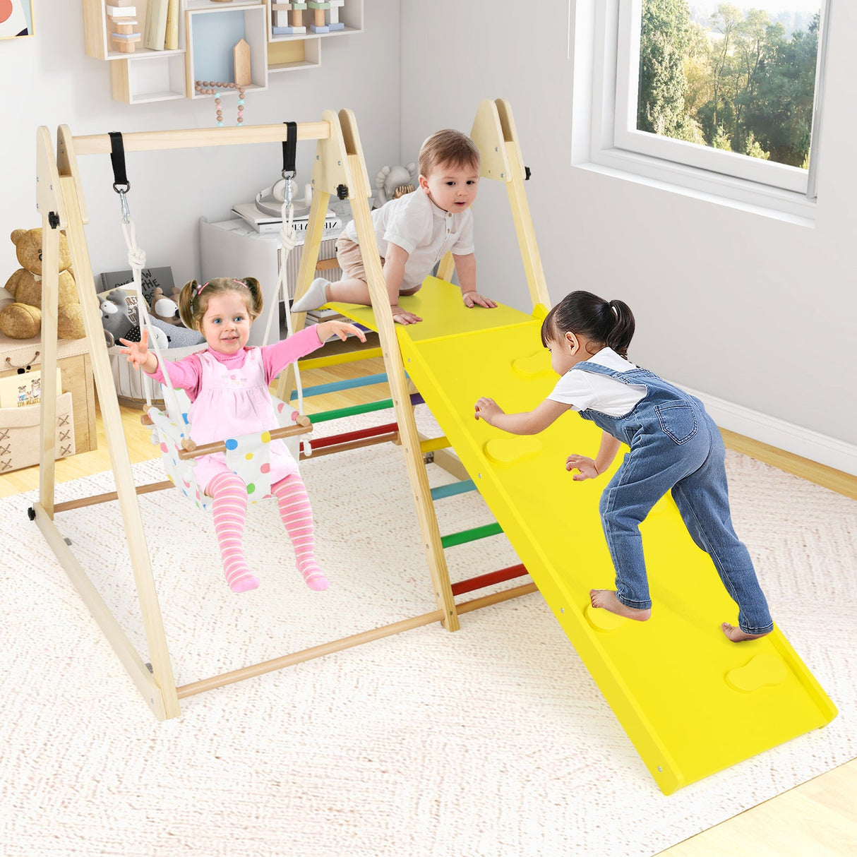 Gimnasio de selva interior 4 en 1 con columpio para bebé y rampa de escalada