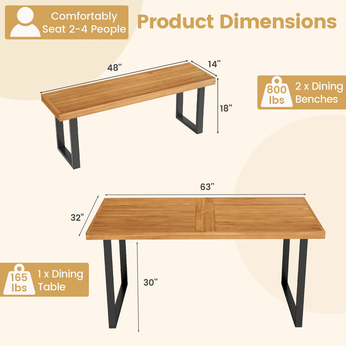 Juego de mesa de comedor para patio de 3 piezas, mesa rectangular de 63" y 2 bancos sin respaldo