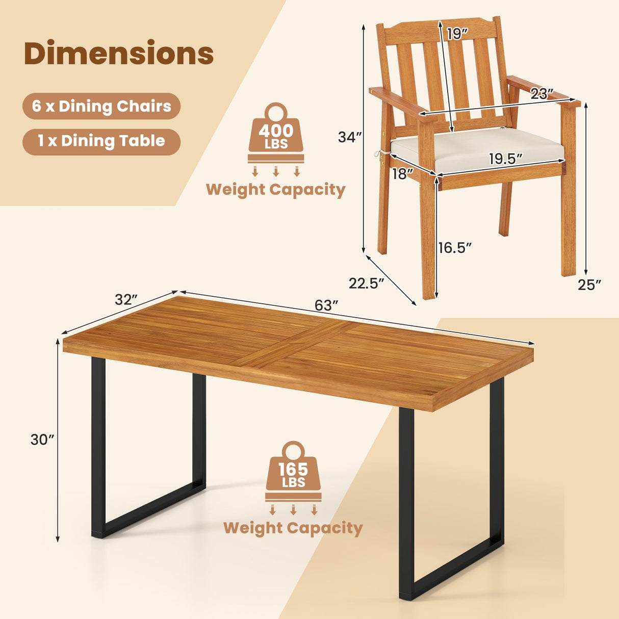7 Pieces Patio Dining Table Set 63” Rectangle Table and 6 Acacia Wood Armchairs