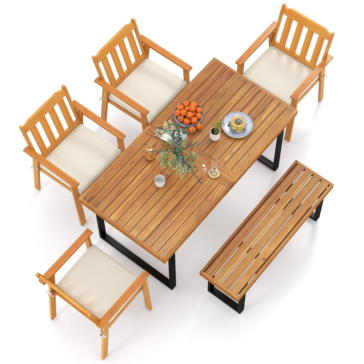 Juego de 6 piezas de mesa de comedor para patio, mesa rectangular de 63 pulgadas con 4 sillones de madera de acacia y banco sin respaldo