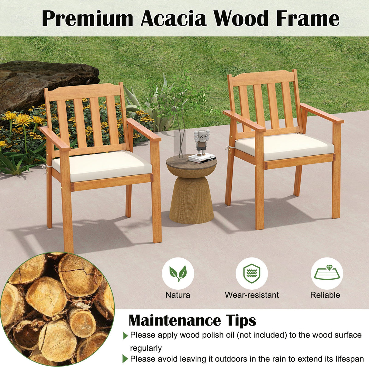 Juego de 6 piezas de mesa de comedor para patio, mesa rectangular de 63 pulgadas con 4 sillones de madera de acacia y banco sin respaldo