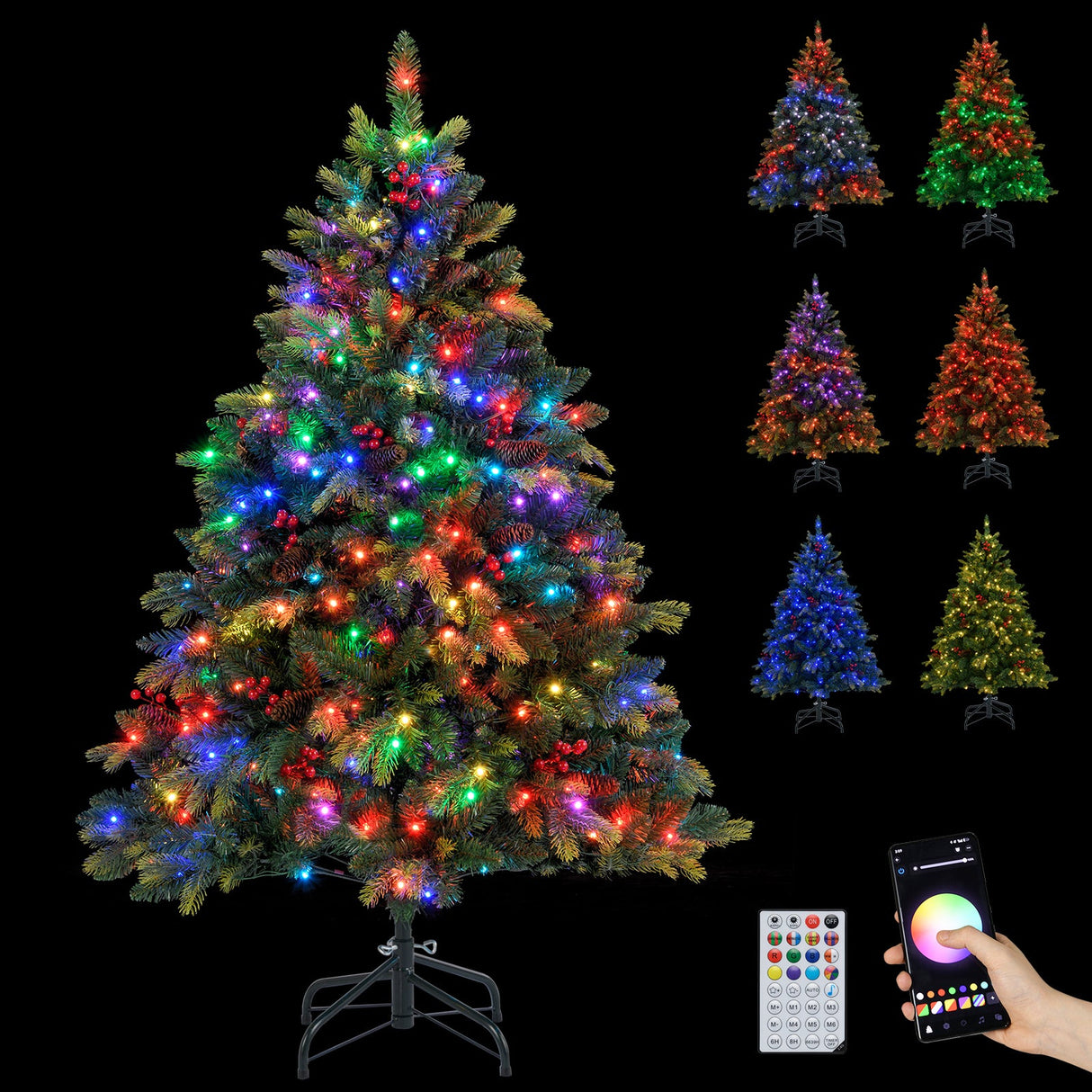 Árbol de Navidad Artificial de 5/6/7/8 PIES con Luces LED y Control Remoto por Aplicación