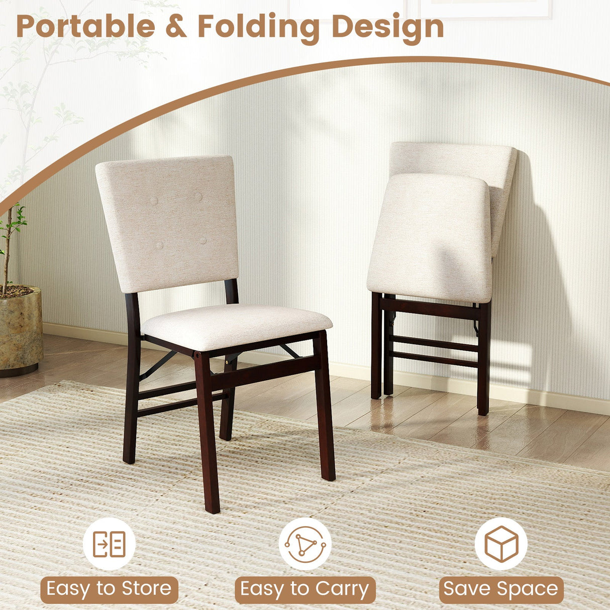 Juego de 2 sillas de comedor plegables sin brazos para cocina con asiento acolchado y respaldo reclinable