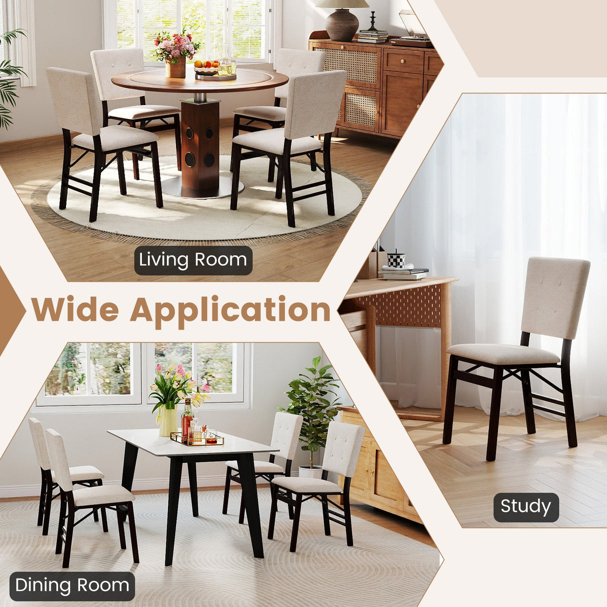 Juego de 2 sillas de comedor plegables sin brazos para cocina con asiento acolchado y respaldo reclinable