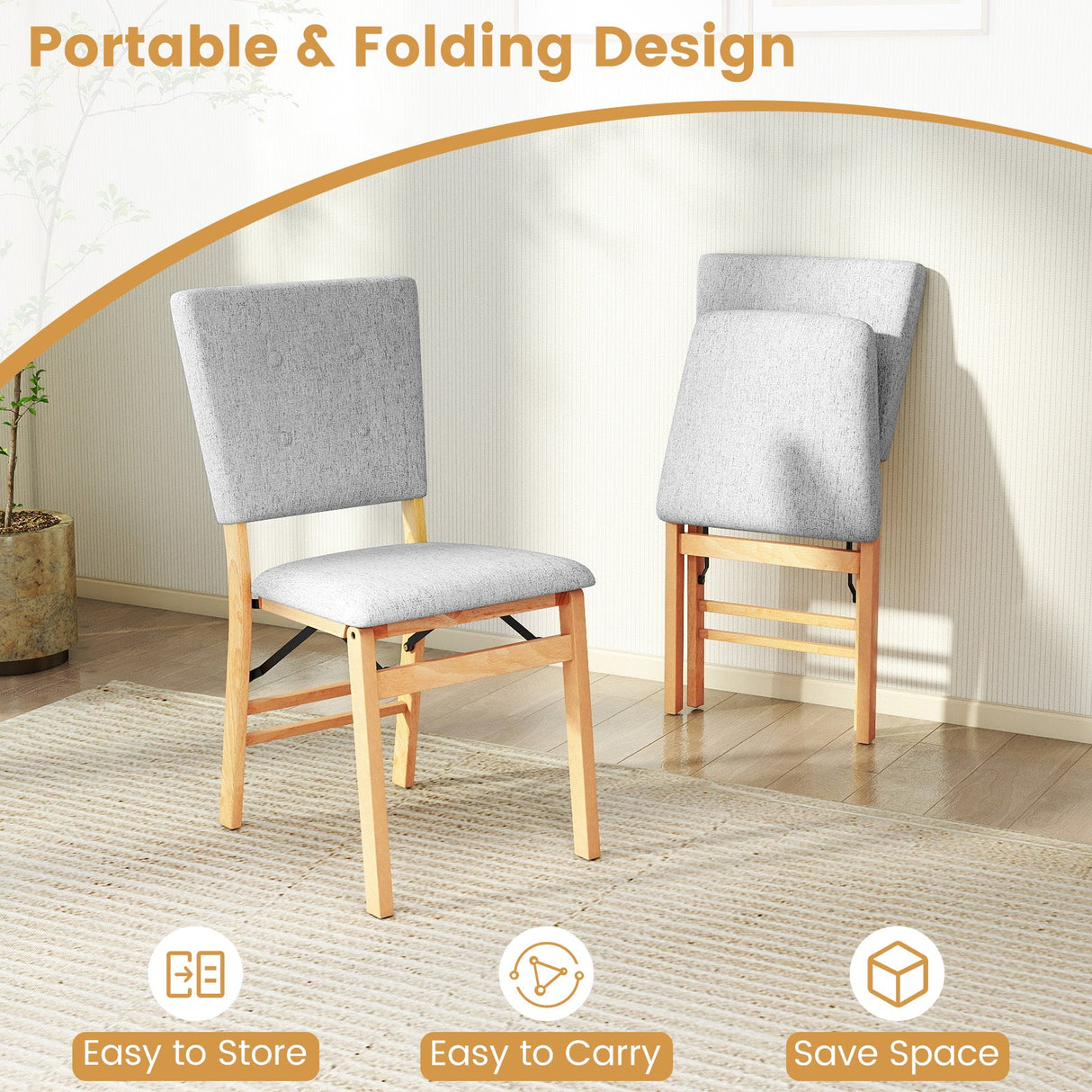 Juego de 4 sillas de comedor plegables sin brazos para cocina con asiento acolchado y respaldo reclinable