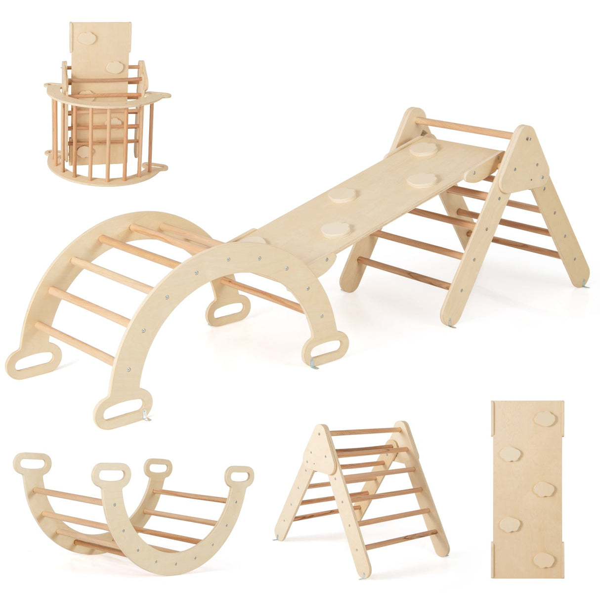 7-in-1 Pikler Triangle Set with 6-Piece Foam Blocks for Toddlers Indoor Playground