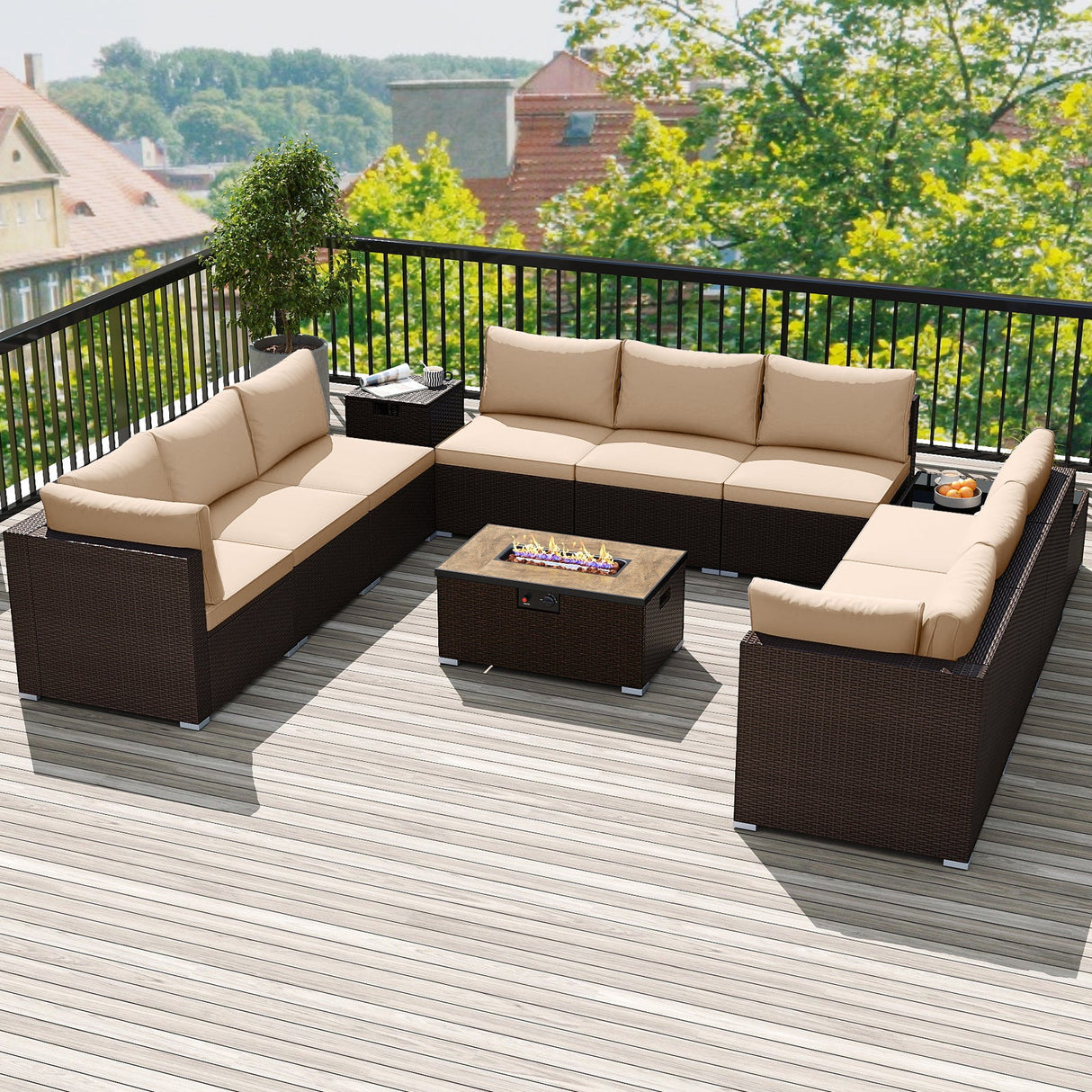 Outdoor PE Rattan Conversation Set with 32” Propane Fire Pit Table and Tank Holder