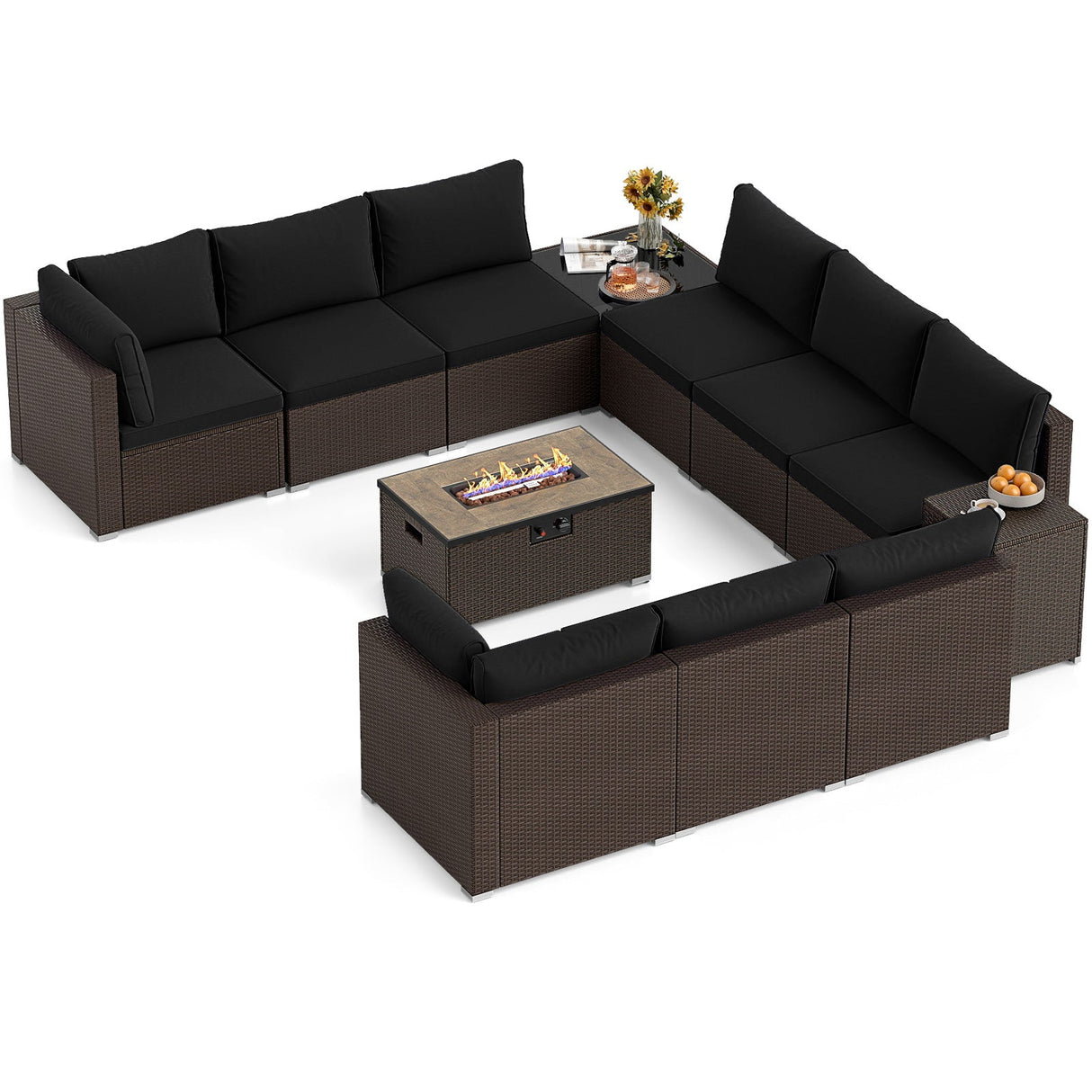 Outdoor PE Rattan Conversation Set with 32” Propane Fire Pit Table and Tank Holder