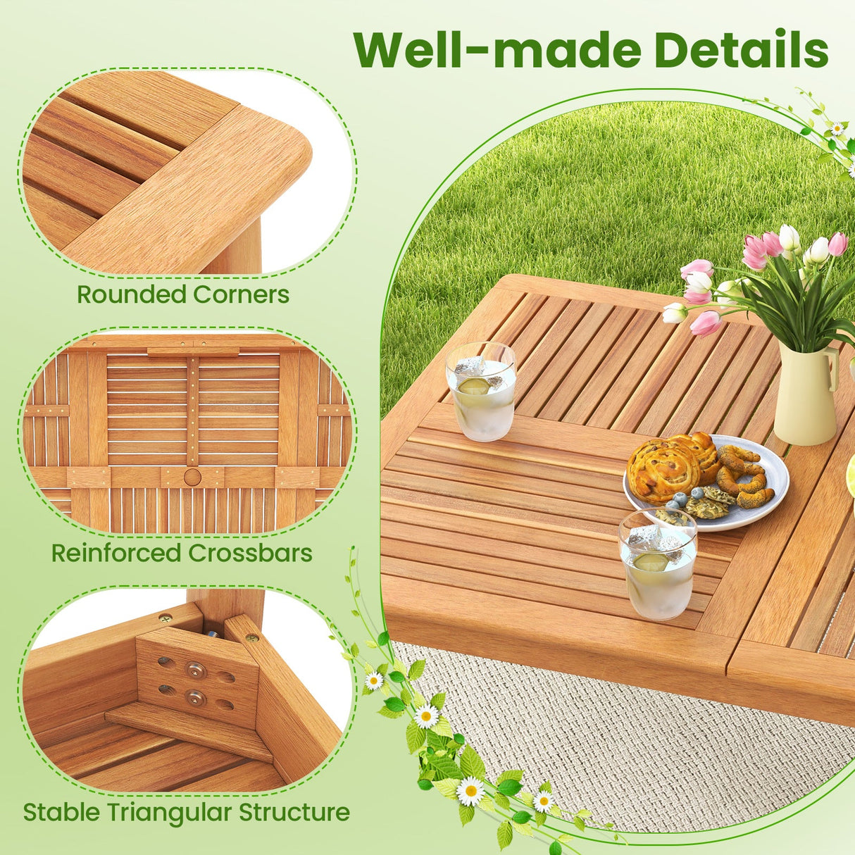 Juego de mesa de comedor para patio de 9 piezas, mesa de comedor rectangular de madera con 8 sillas y tablero de listones