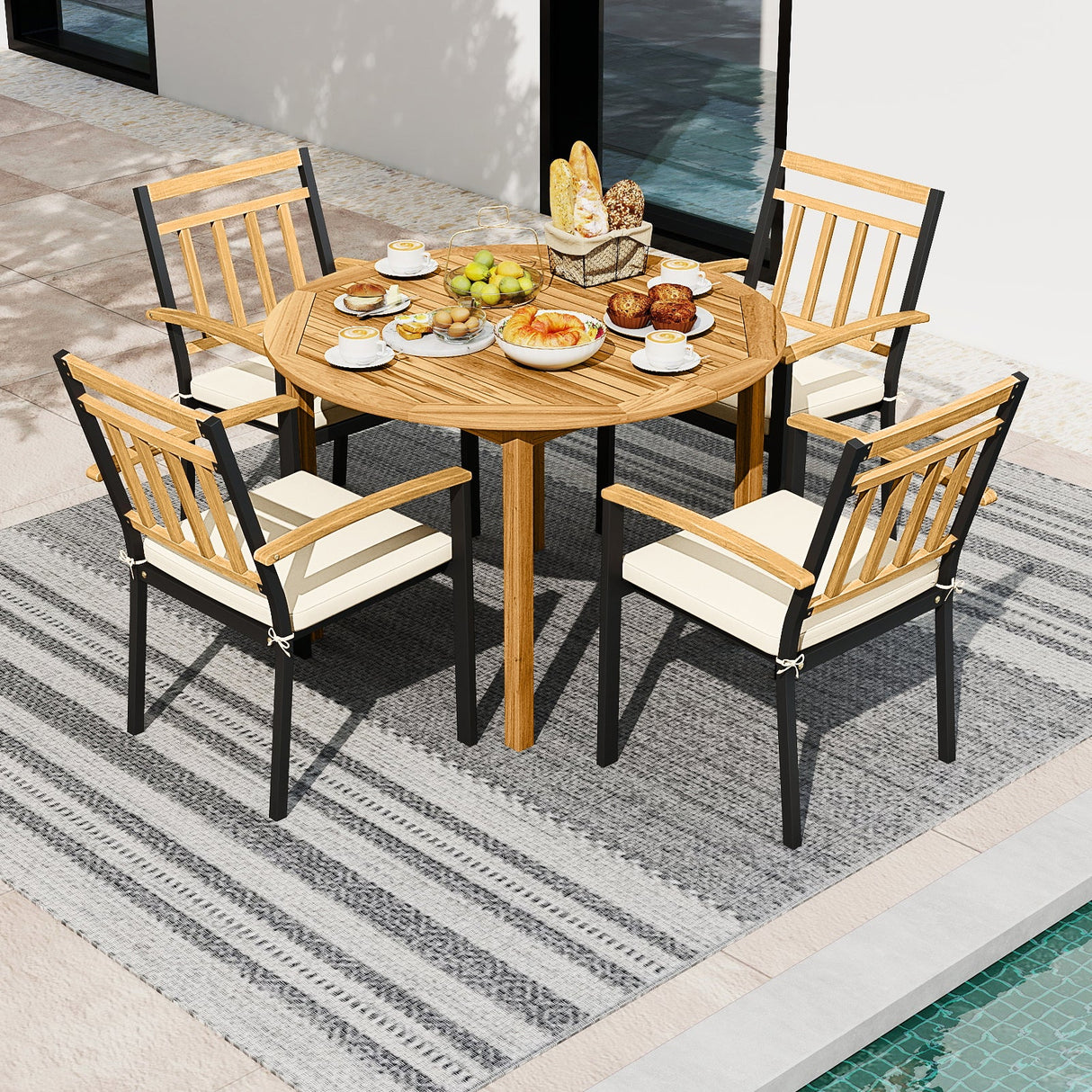 Juego de comedor de 5 piezas de madera de acacia para exteriores, mesa redonda de patio y sillas de metal con cojines