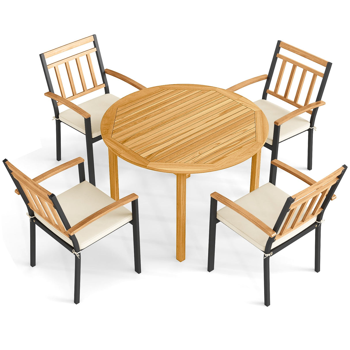 Juego de comedor de 5 piezas de madera de acacia para exteriores, mesa redonda de patio y sillas de metal con cojines