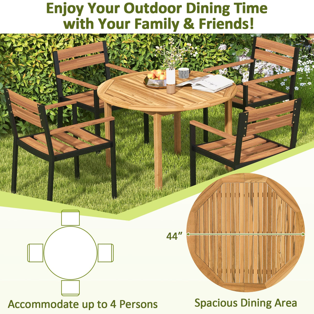 Juego de comedor de 5 piezas de madera de acacia para exteriores, mesa redonda de patio y sillas de metal con cojines