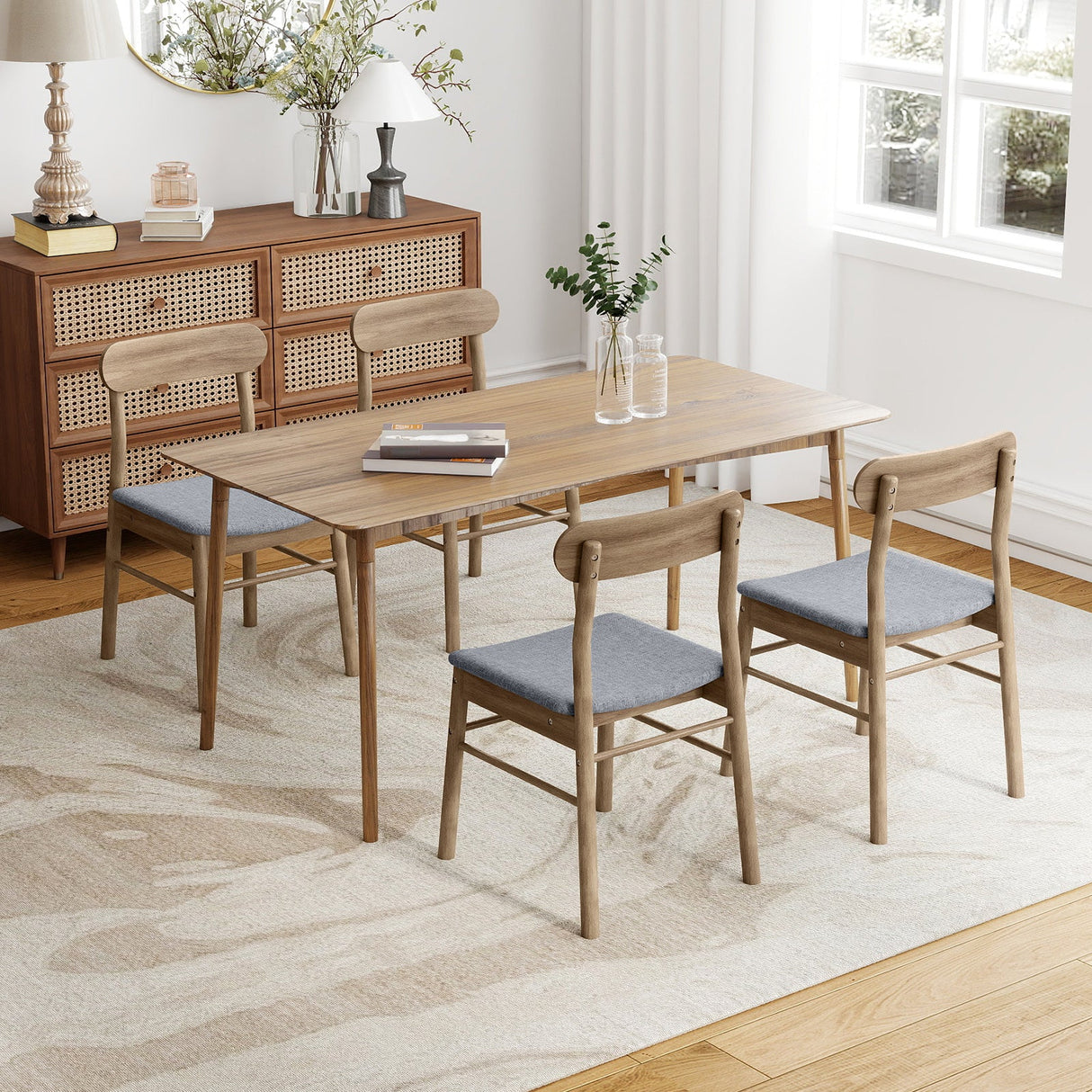 Juego de 4 sillas de comedor sin brazos tapizadas en tela con estructura de madera de caucho - Roble