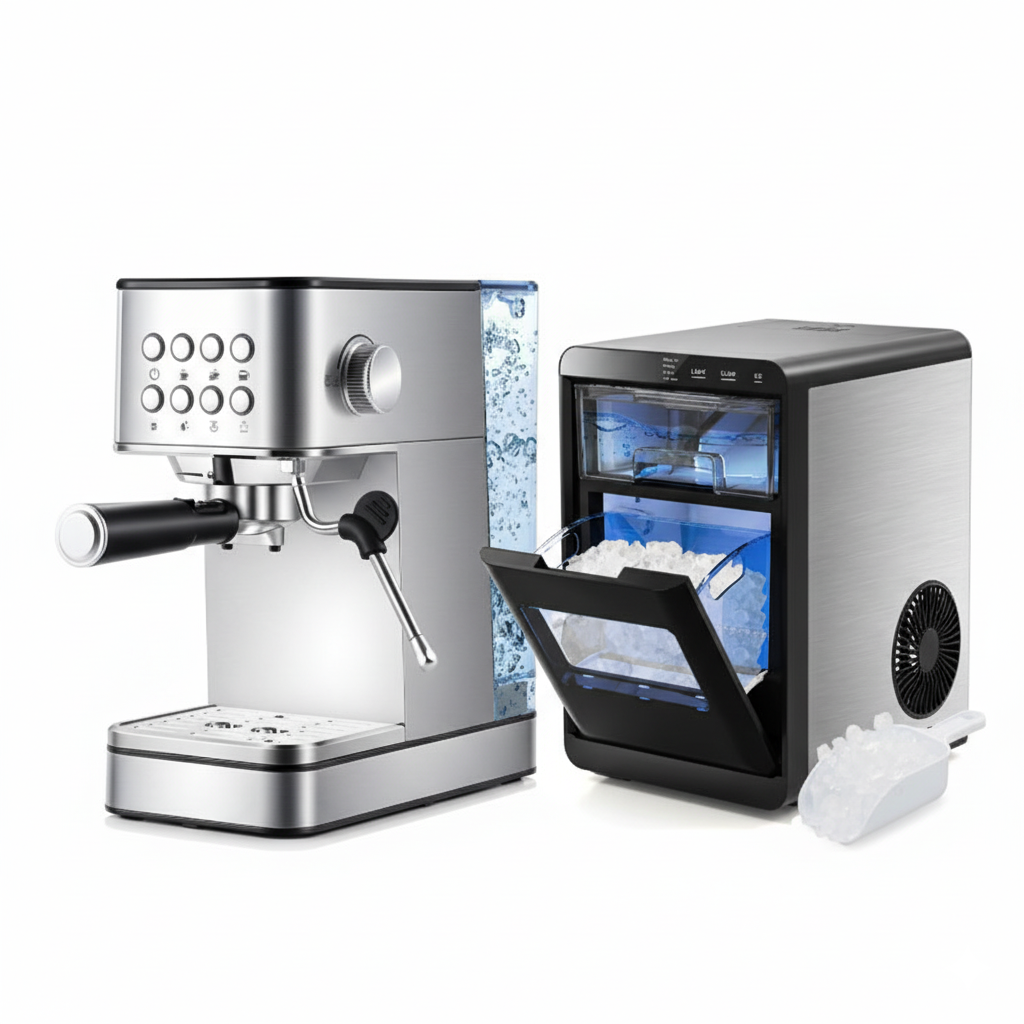 Dúo prémium de hielo y café: máquina de hielo tipo nugget aclamada por CNN y máquina de café espresso de acero inoxidable de 20 bares