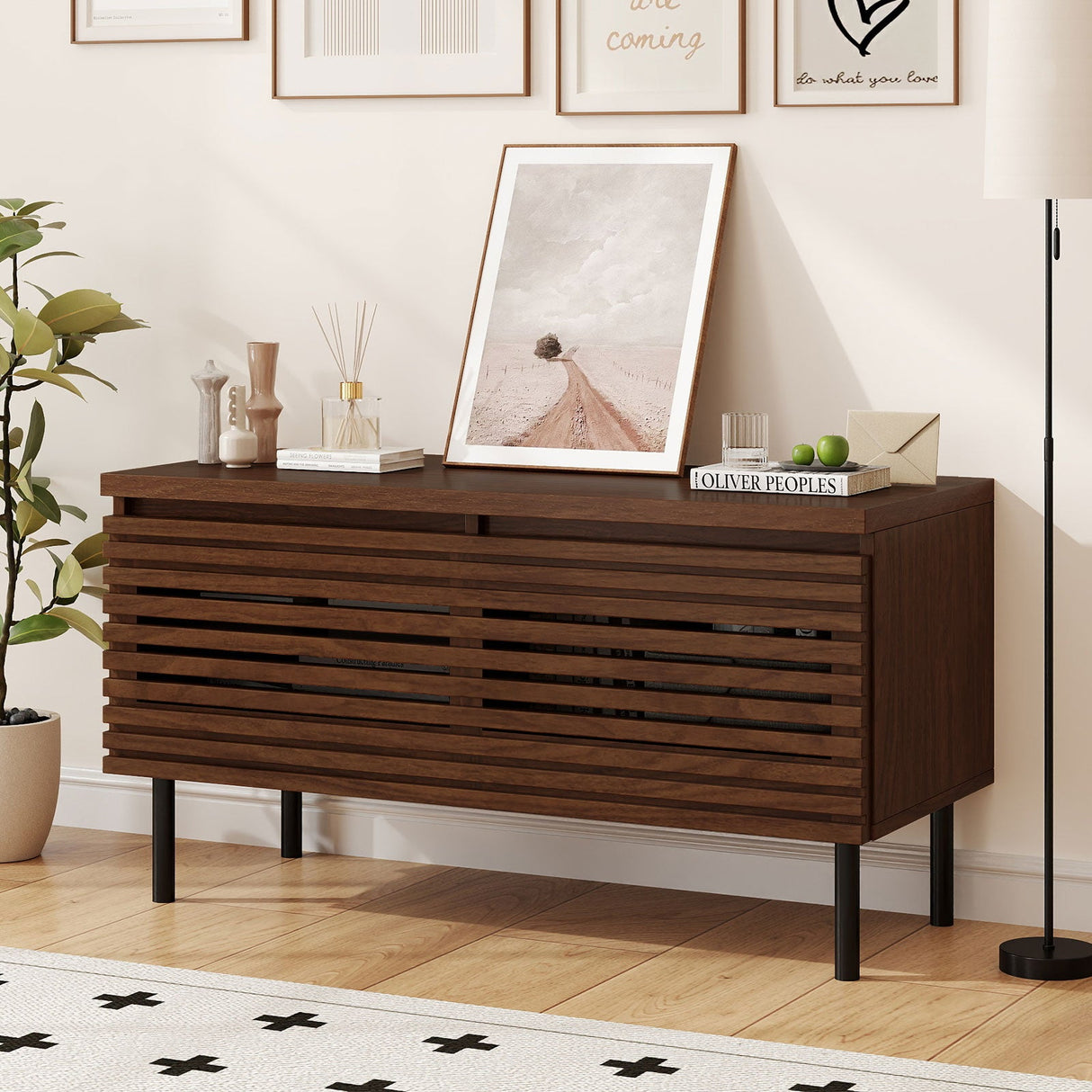 Mid Century Fluted TV Stand for 40" TV with 2 Hidden Compartments and Metal Legs-Walnut