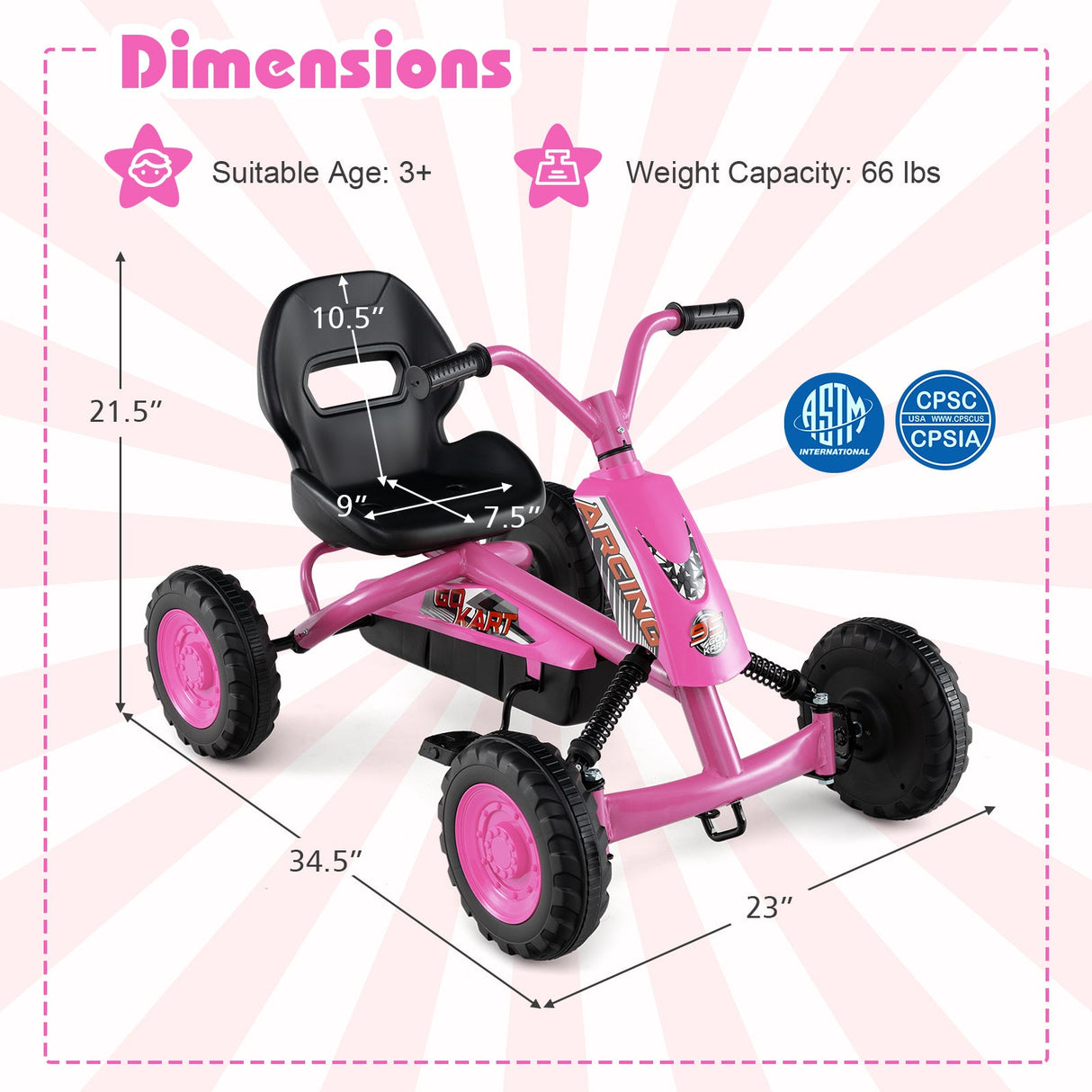 Go Kart para niños de 4 ruedas con manillar de dirección y asiento ajustable