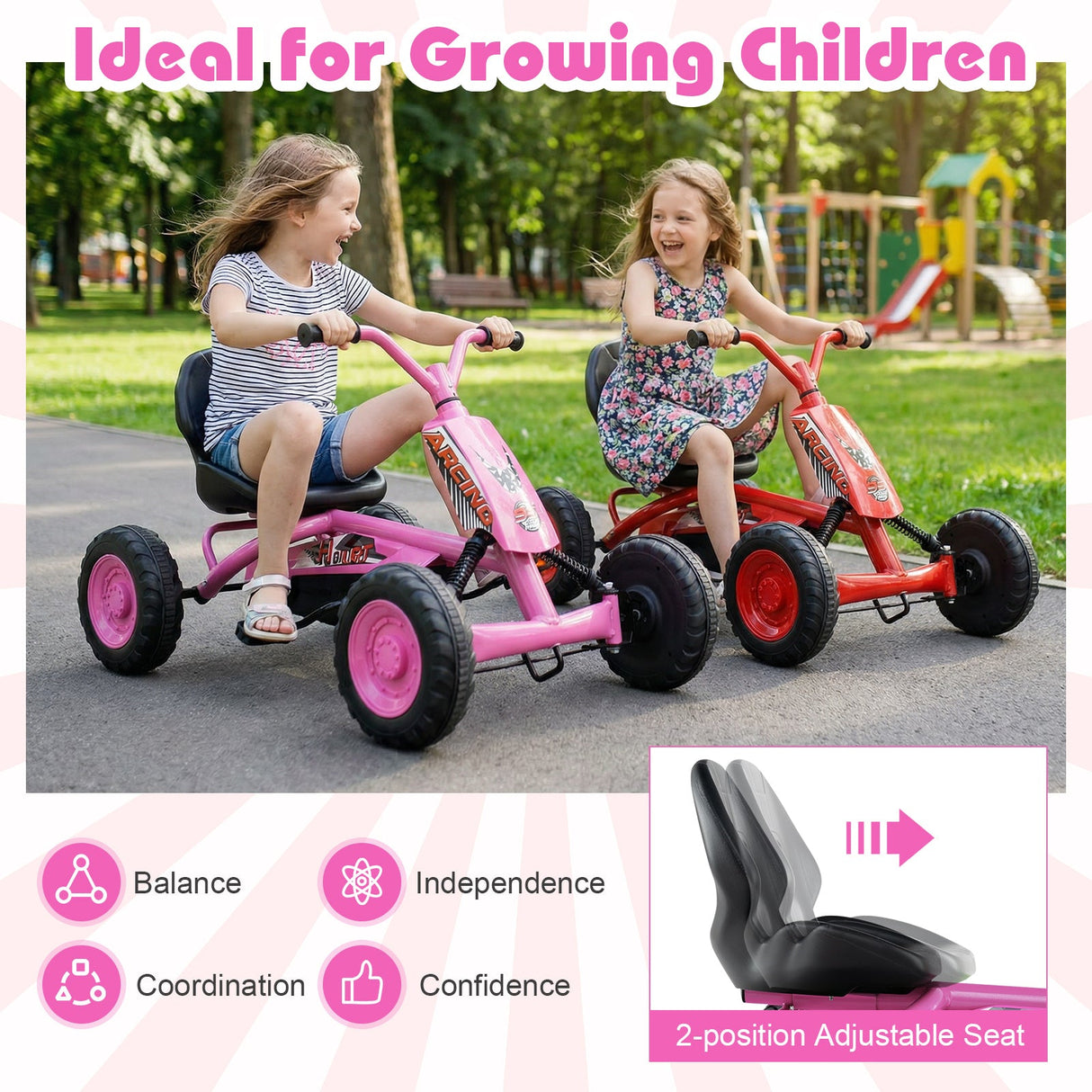 Go Kart para niños de 4 ruedas con manillar de dirección y asiento ajustable