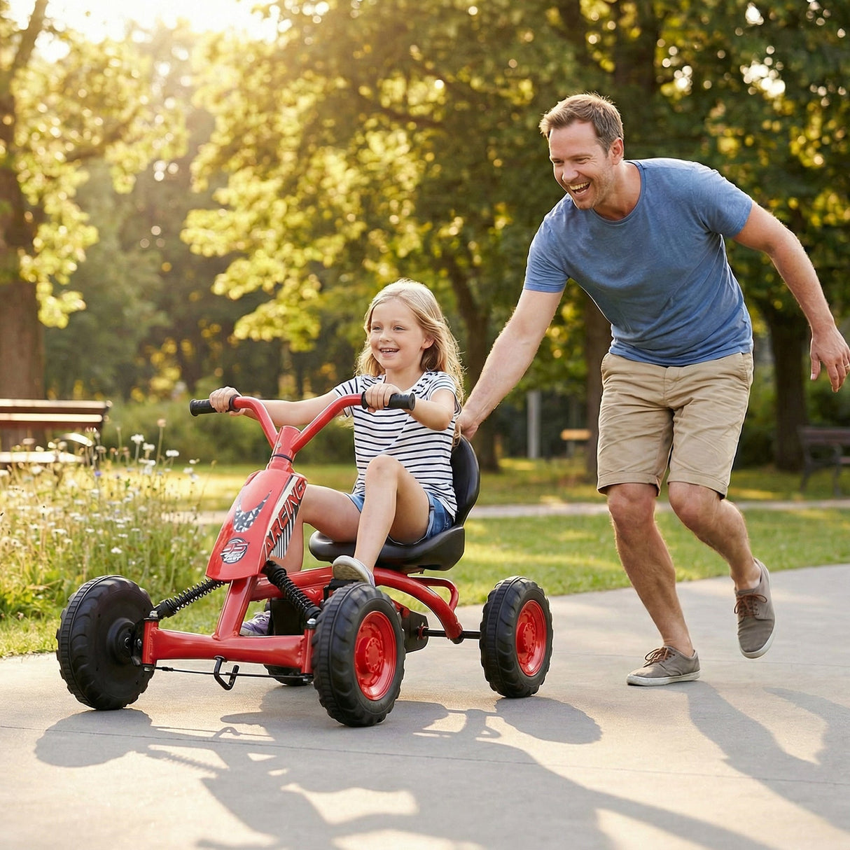 Go Kart para niños de 4 ruedas con manillar de dirección y asiento ajustable