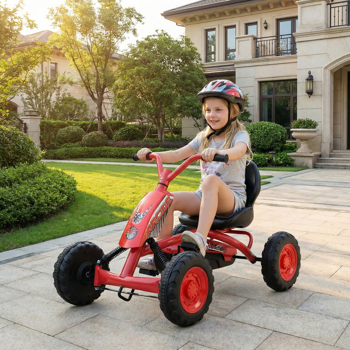 Go Kart para niños de 4 ruedas con manillar de dirección y asiento ajustable