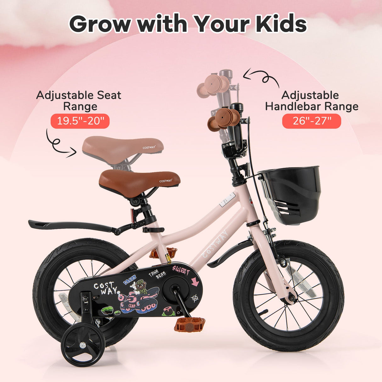 Bicicleta infantil de 12 pulgadas con casco y set de protección negro y rosa