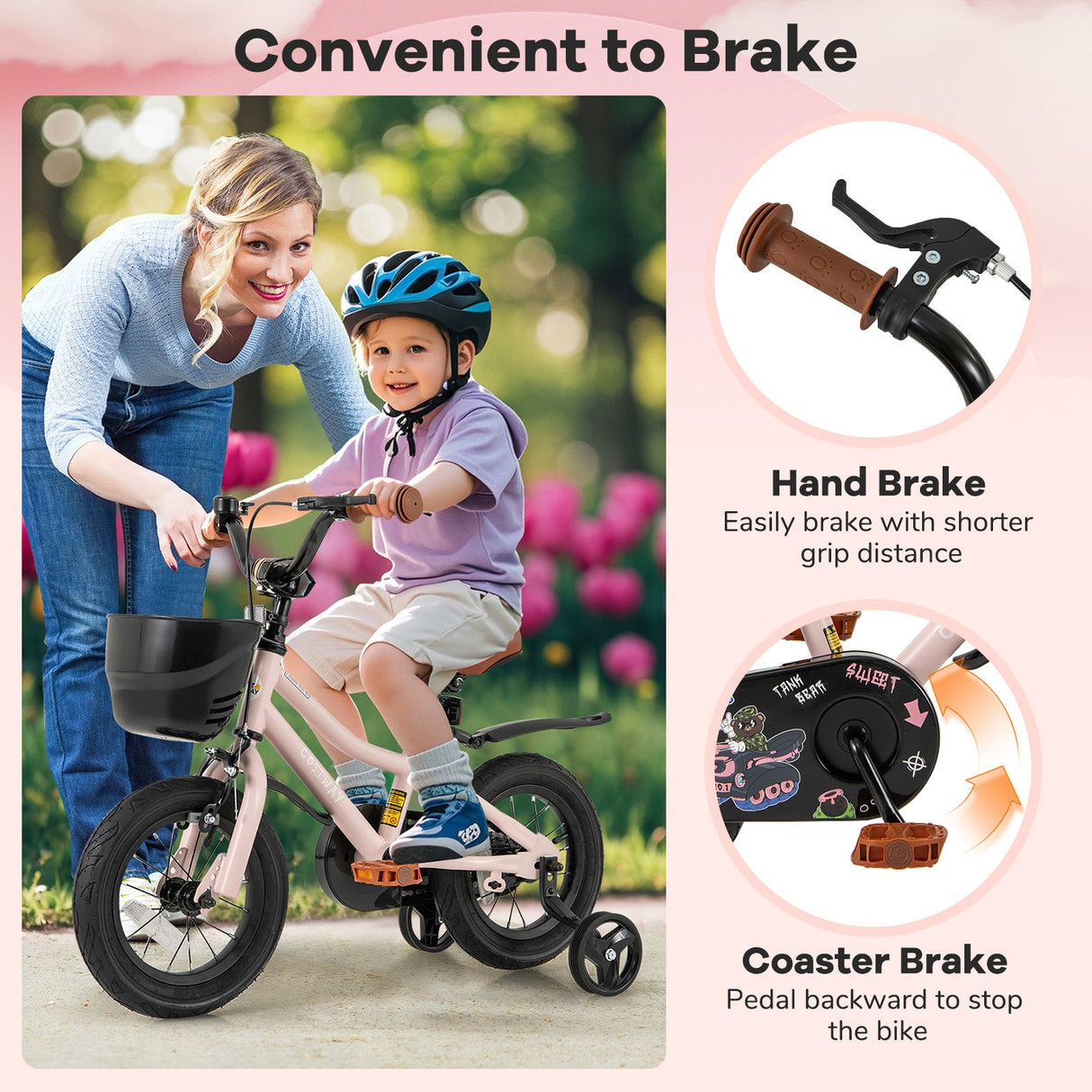 Bicicleta infantil de 12 pulgadas con casco y set de protección negro y rosa