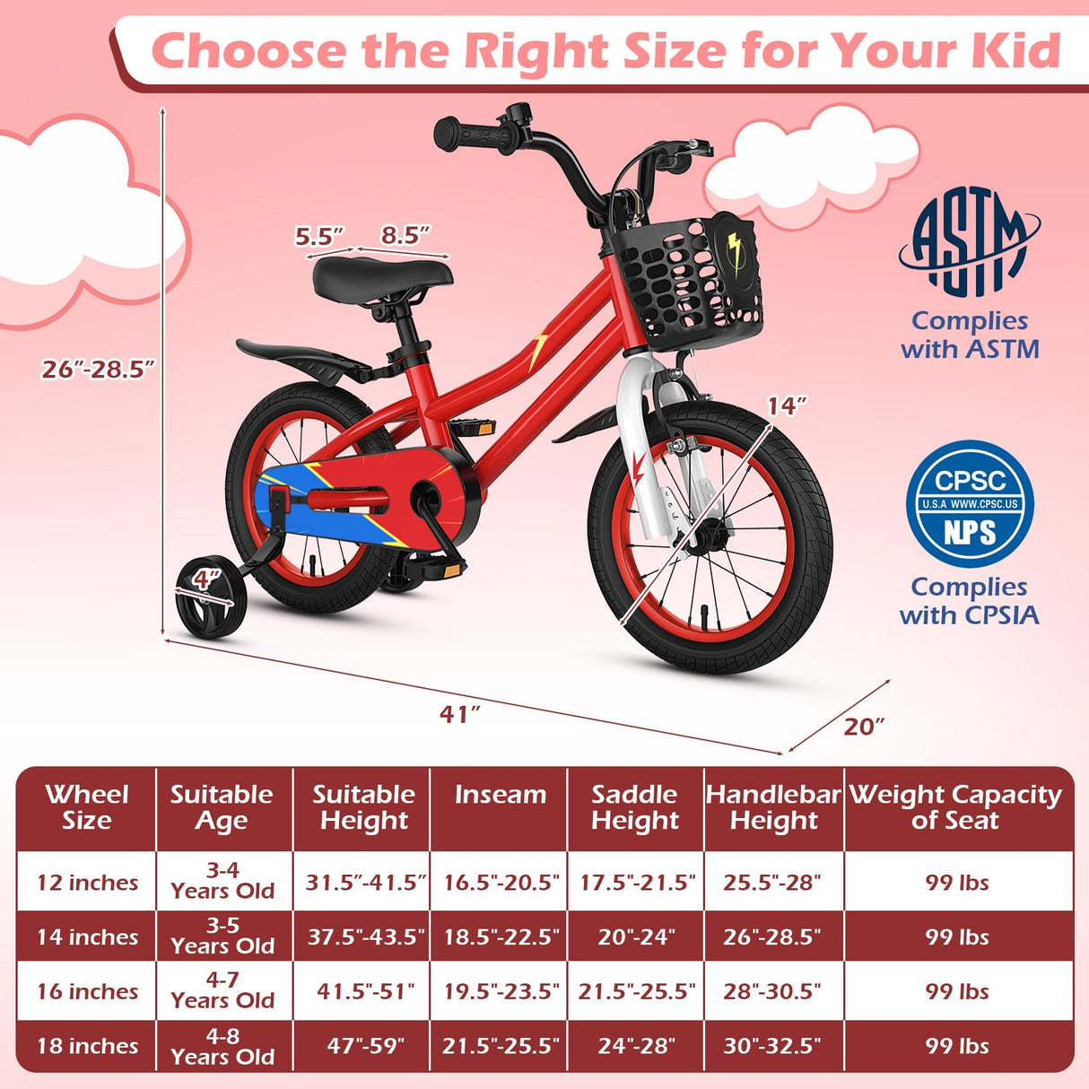 Bicicleta infantil roja de 14 pulgadas con set de protección de casco rosa