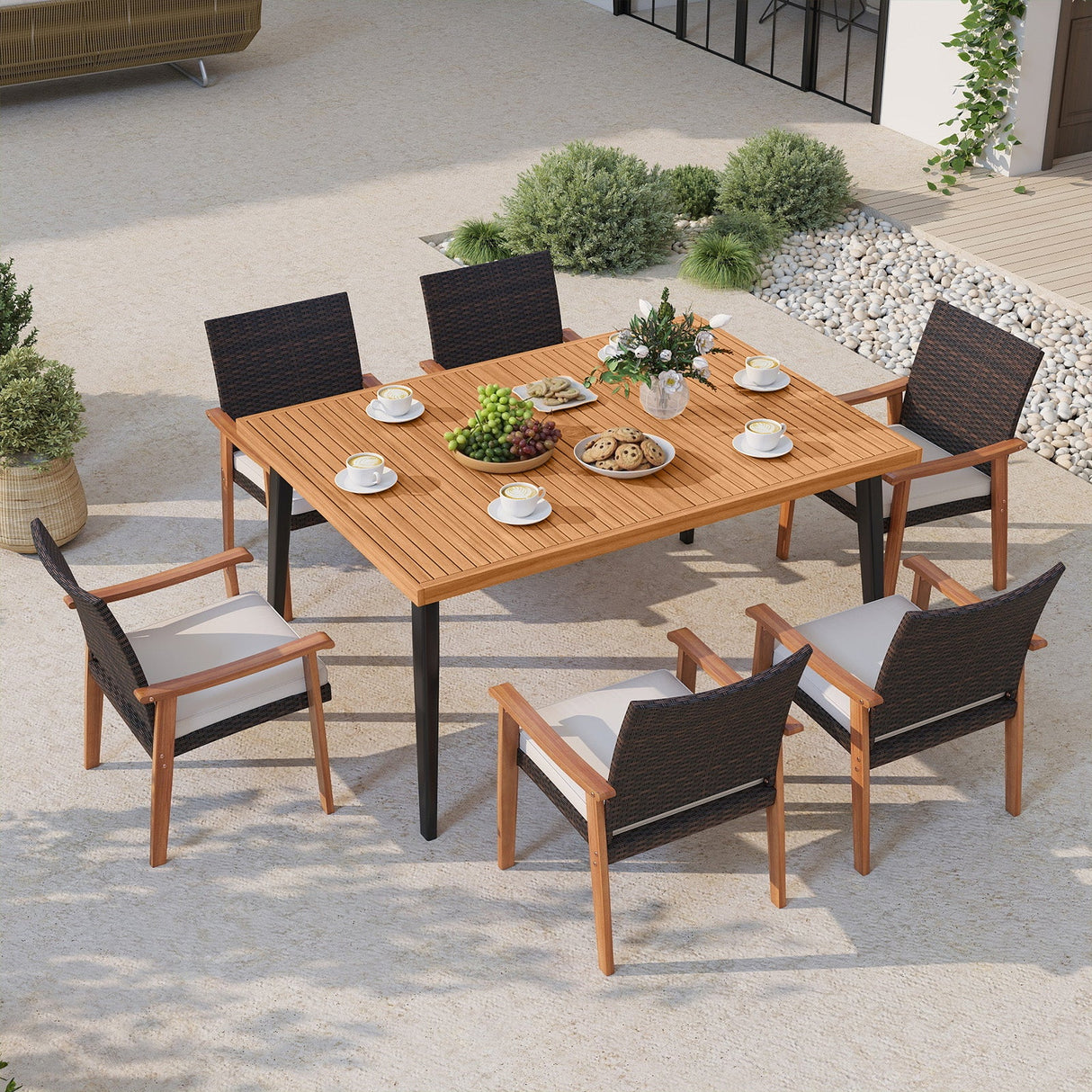Juego de mesa de comedor para patio de 7 piezas, mesa de madera de acacia y 6 sillones