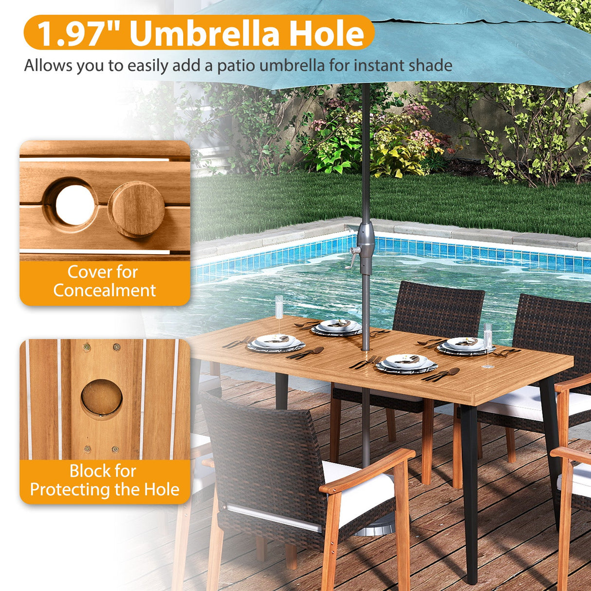 Juego de mesa de comedor para patio de 7 piezas, mesa de madera de acacia y 6 sillones