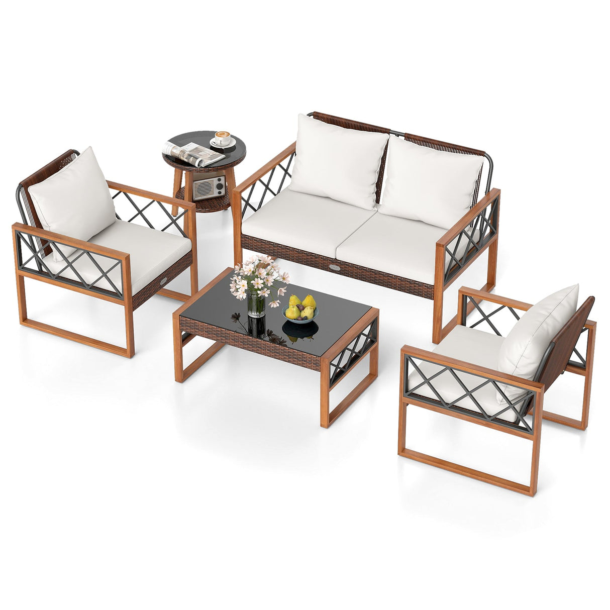 Juego de muebles de patio de mimbre PE de 5 piezas con estructura de madera de acacia