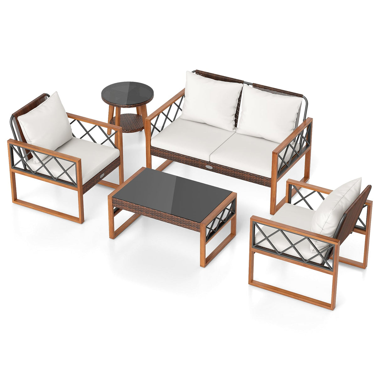 Juego de muebles de patio de mimbre PE de 5 piezas con estructura de madera de acacia