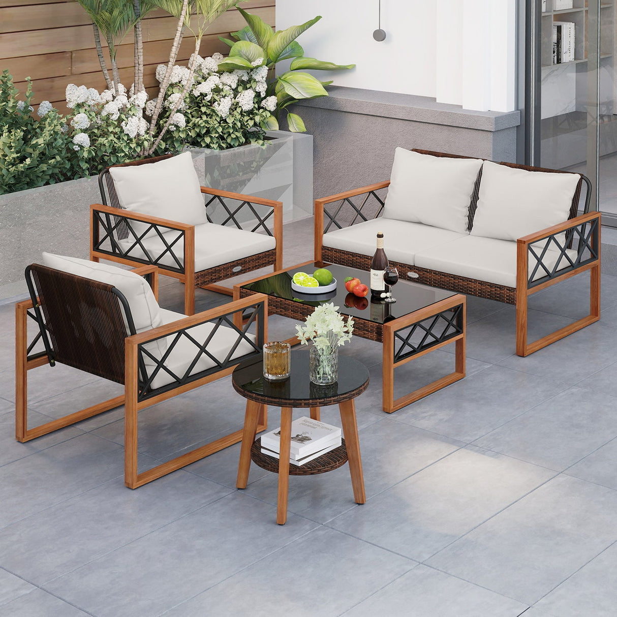 Juego de muebles de patio de mimbre PE de 5 piezas con estructura de madera de acacia