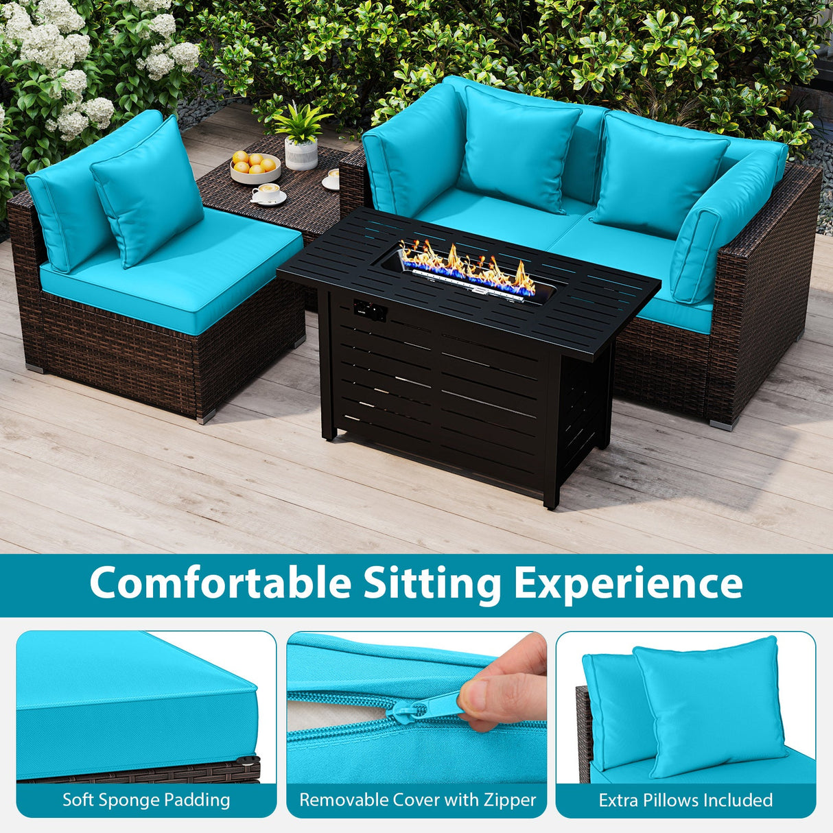 Juego de sofá de ratán con estructura de alta resistencia y mesa fogata de 60000 BTU