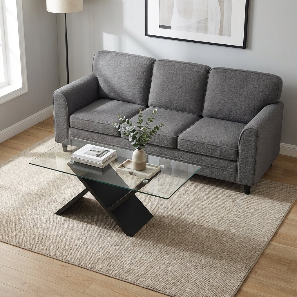 Juego de muebles para sala de estar contemporánea: sofá moderno de terciopelo Teddy de 3 plazas + mesa de centro de vidrio de 47 pulgadas