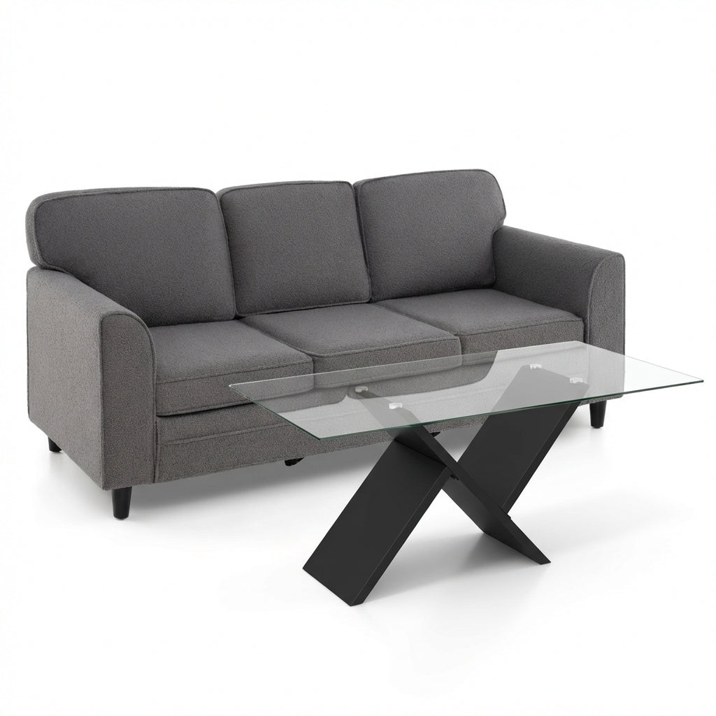 Juego de muebles para sala de estar contemporánea: sofá moderno de terciopelo Teddy de 3 plazas + mesa de centro de vidrio de 47 pulgadas